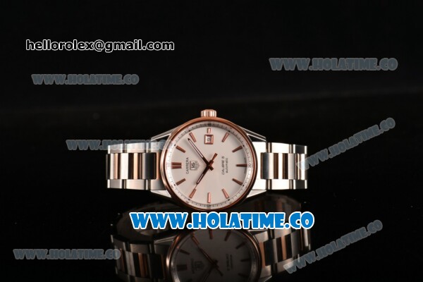 Tag Heuer Carrera Calibre 5 Automatic Swiss ETA 2824 Automatic Steel Case with White Dial Rose Gold Bezel and Stick Markers - Click Image to Close